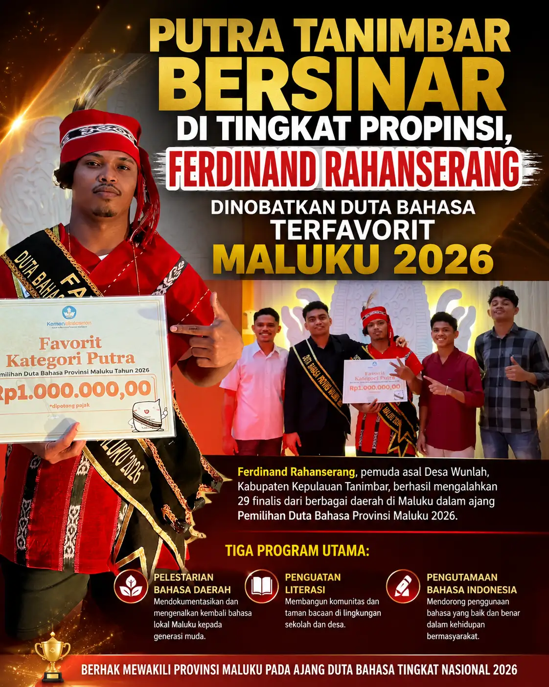 Putra Tanimbar Bersinar di Tingkat Propinsi, Ferdinand Rahanserang Dinobatkan Duta Bahasa Terfovorit Maluku 2026