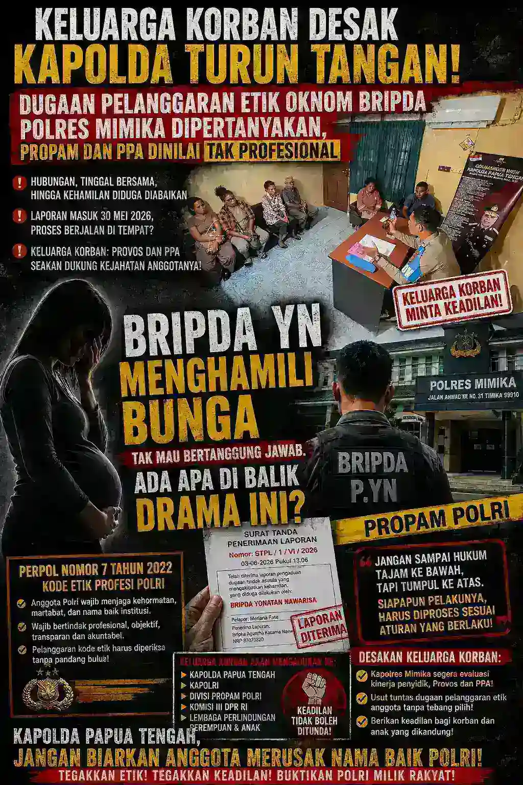 KELUARGA KORBAN DESAK KAPOLDA TURUN TANGAN! Dugaan Pelanggaran Etik Oknum Bripda Polres Mimika Dipertanyakan, Propam dan PPA Dinilai Tak Profesional