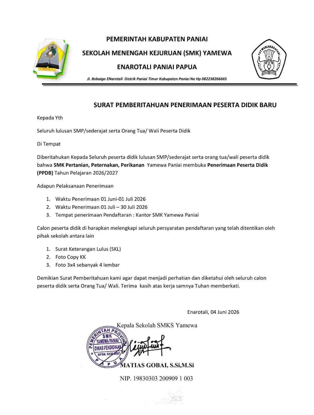 SMK Yamewa  Paniai Buka PPDB 2026/2027 Untuk Jurusan Pertanian, Peternakan, dan Perikanan  