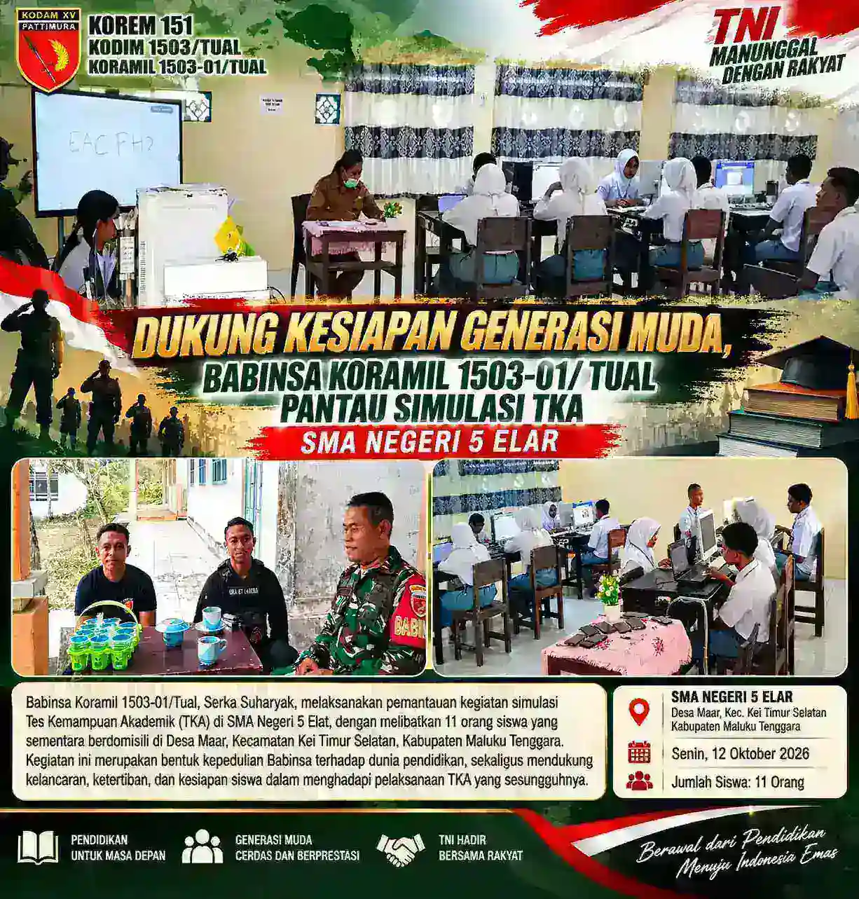 DUKUNG KESIAPAN GENERASI MUDA, BABINSA KORAMIL 1503-01/TUAL PANTAU SIMULASI TKA 11 SISWA SMA NEGERI 5 ELAR