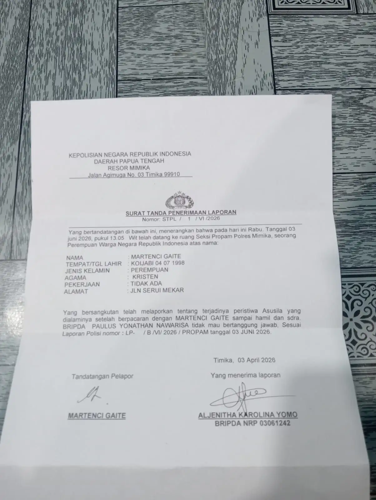 DIDUGA LANGGAR ETIK BERAT, OKNUM BRIPDA POLRES MIMIKA DILAPORKAN KASUS ASUSILA HINGGA KEHAMILAN