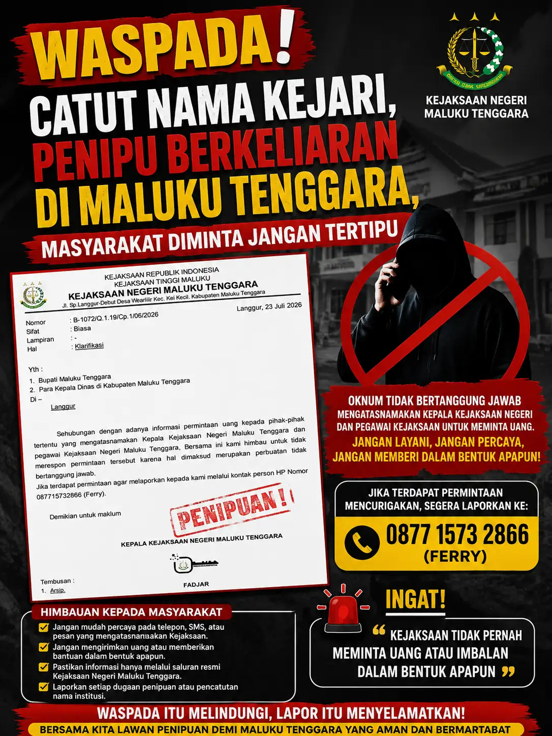 Waspada! Catut Nama Kajari, Penipu Berkeliaran di Maluku Tenggara, Masyarakat Diminta Jangan Tertipu