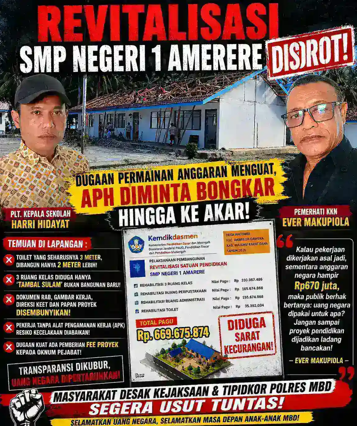 Revitalisasi SMP Negeri 1 Amerere Disorot! Dugaan Permainan Anggaran Menguat, APH Diminta Bongkar hingga ke Akar