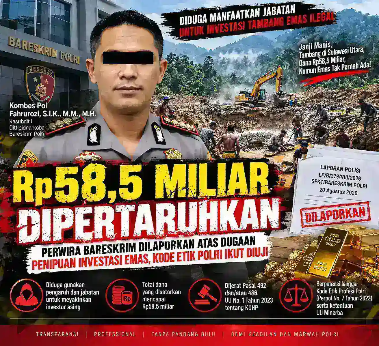 Rp58,5 Miliar Dipertaruhkan: Perwira Bareskrim Dilaporkan atas Dugaan Penipuan Investasi Emas, Kode Etik Polri Ikut Diuji