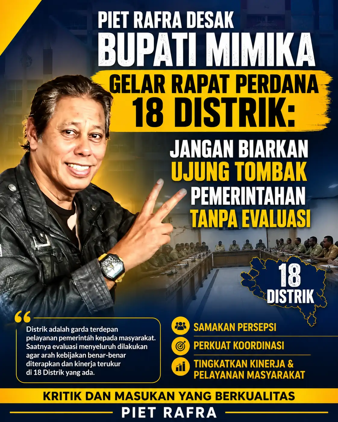 Piet Rafra Desak Bupati Mimika Gelar Raker Perdana 18 Distrik: Jangan Biarkan Ujung Tombak Pemerintahan Berjalan Tanpa Evaluasi