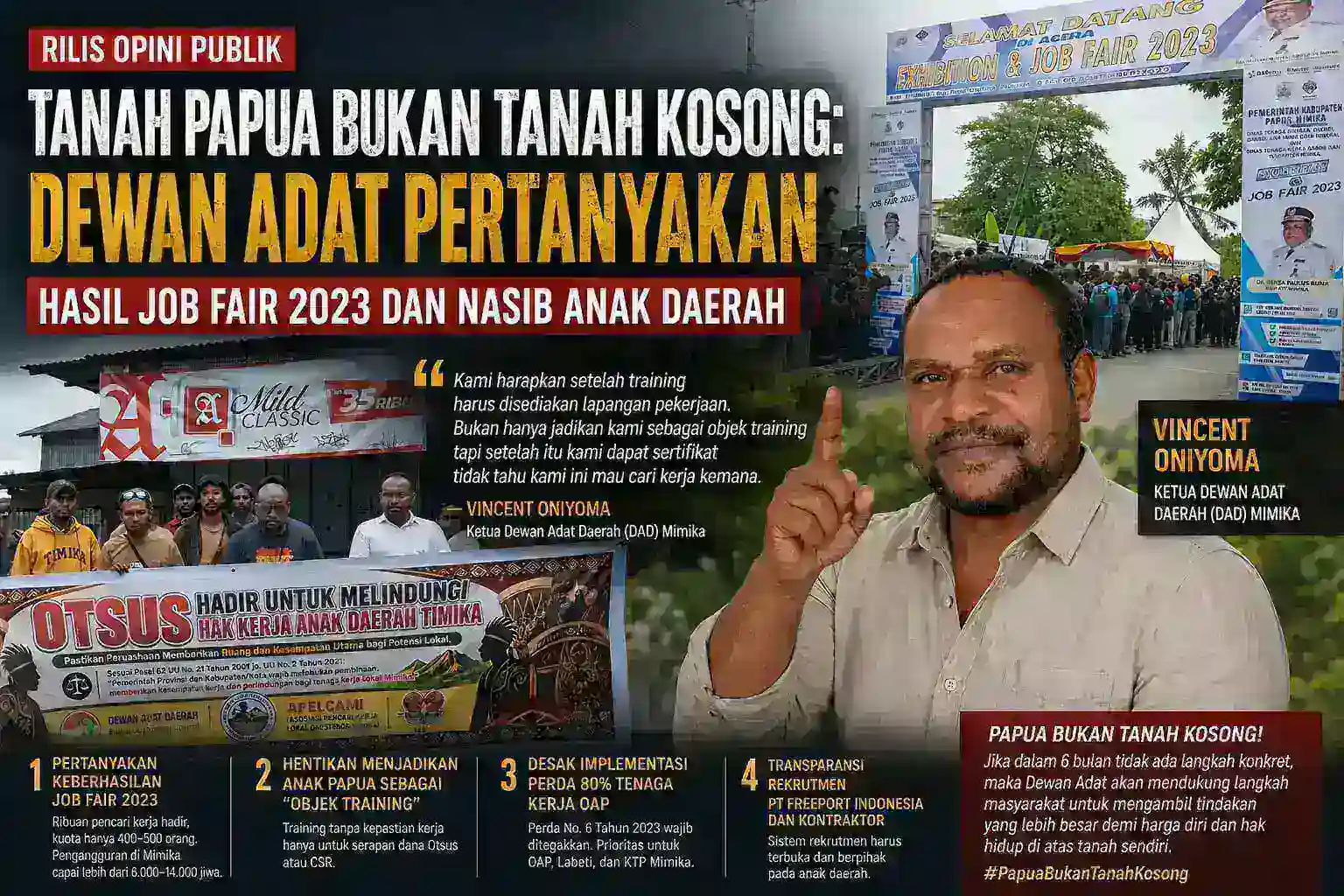 Papua Bukan Tanah Kosong!”: Vincent Oniyoma Semprot Pemerintah dan Perusahaan, Ribuan Anak Papua Masih Menganggur di Negeri Sendiri