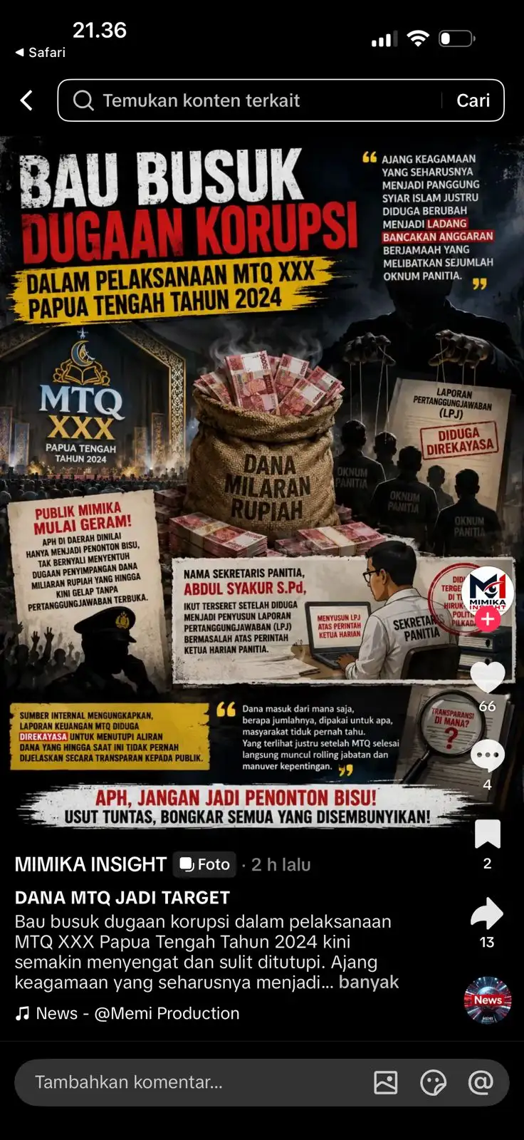 MTQ XXX Papua Tengah Diduga Jadi Sarang Korupsi Berjamaah: Puluhan Miliar Menguap, APH Mimika Dituding “Masuk Angin”