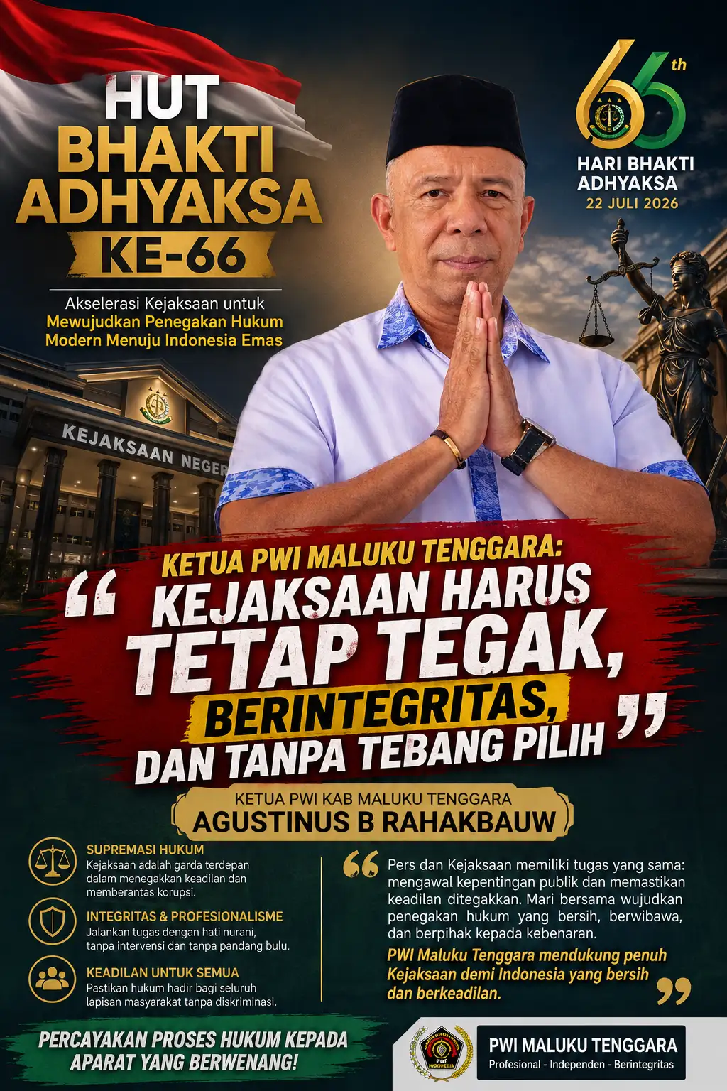 HUT Bhakti Adhyaksa ke-66, Ketua PWI Maluku Tenggara: Kejaksaan Harus Tetap Tegak, Berintegritas, dan Tanpa Tebang Pilih