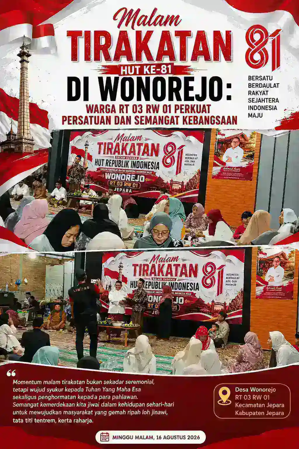 Malam Tirakatan HUT ke-81 RI di Wonorejo: Warga RT 03 RW 01 Perkuat Persatuan dan Semangat Kebangsaan