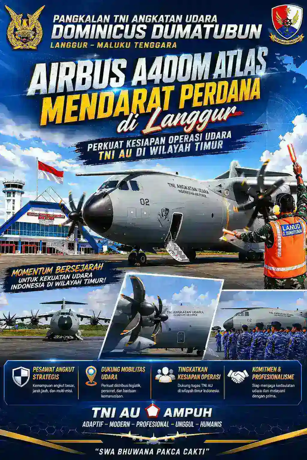 Airbus A400M Atlas Mendarat Perdana di Langgur, Perkuat Kesiapan Operasi Udara TNI AU di Wilayah Timur