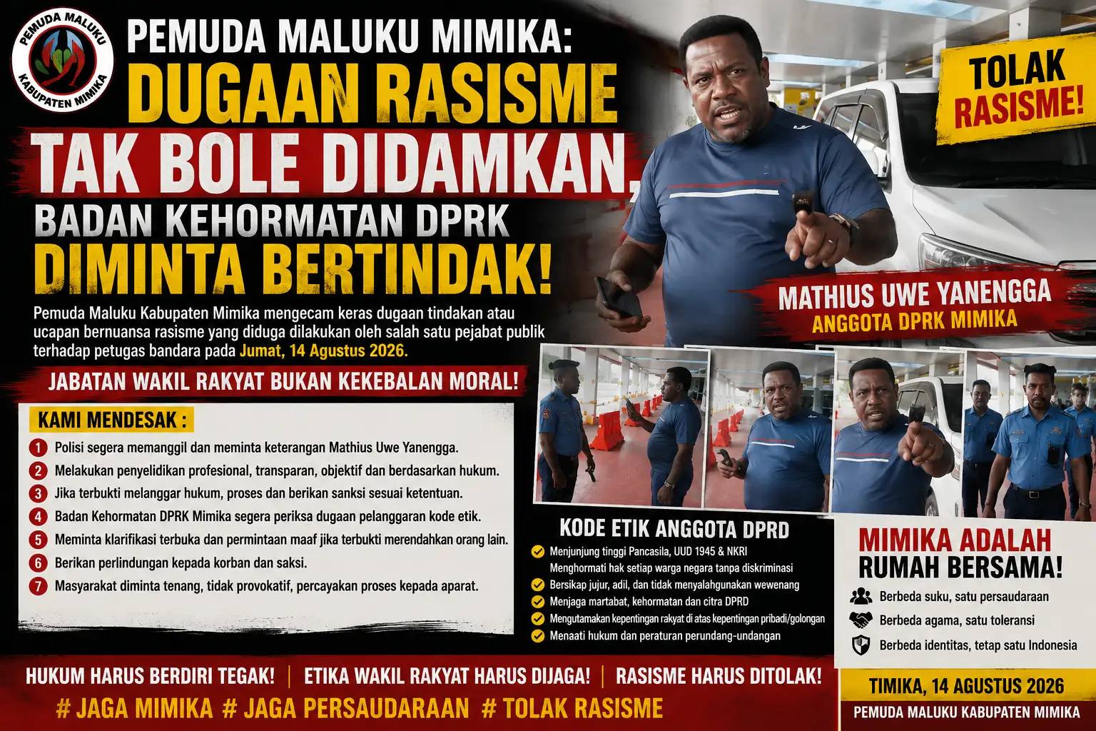 PEMUDA MALUKU MIMIKA: DUGAAN RASISME TAK BOLEH DIDAMKAN, BADAN KEHORMATAN DPRK DIMINTA BERTINDAK