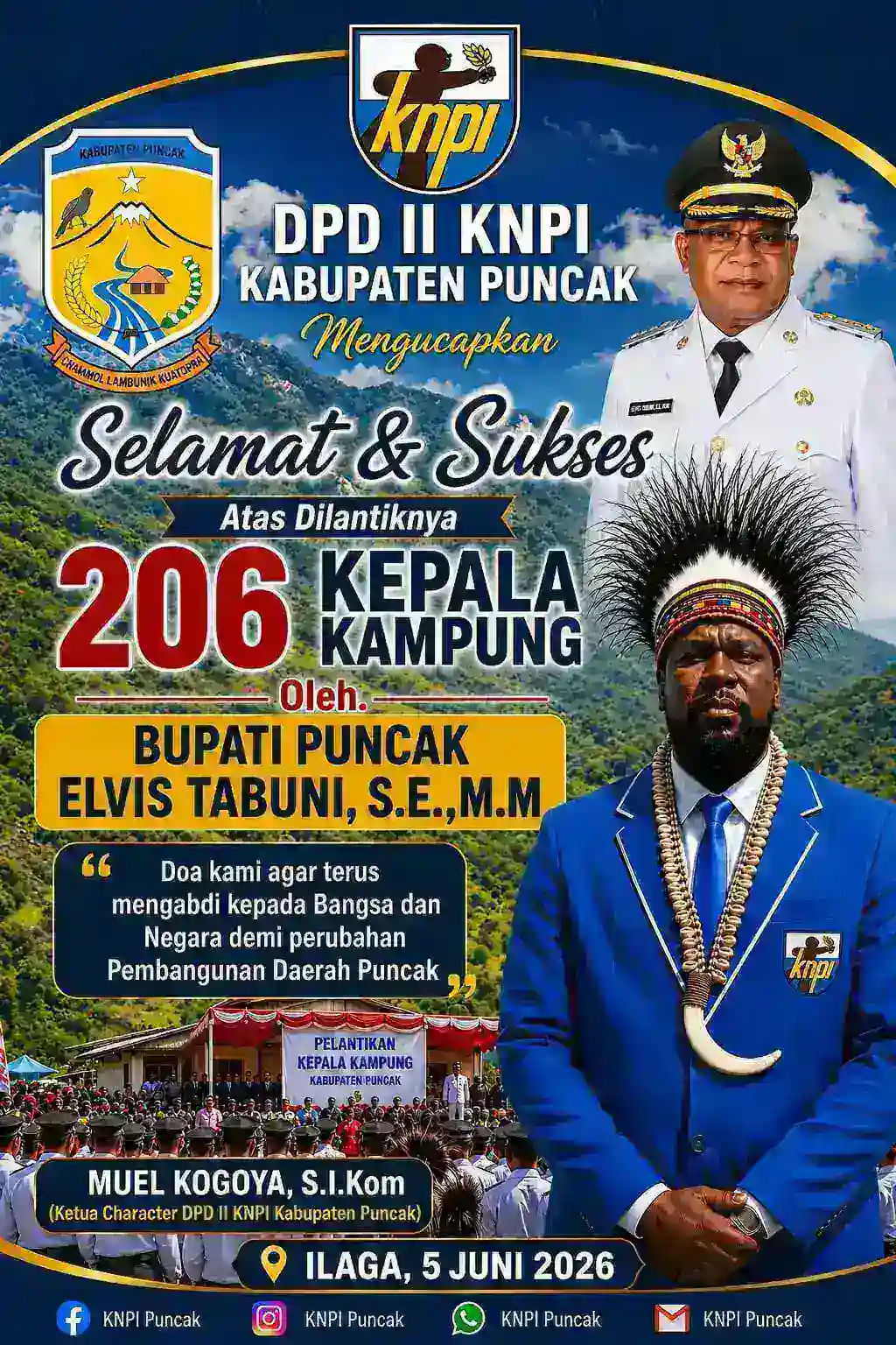Ketua  KNPI Puncak  Ilaga Ucapkan Selamat Atas Pelantikan 206 Kepala Kampung