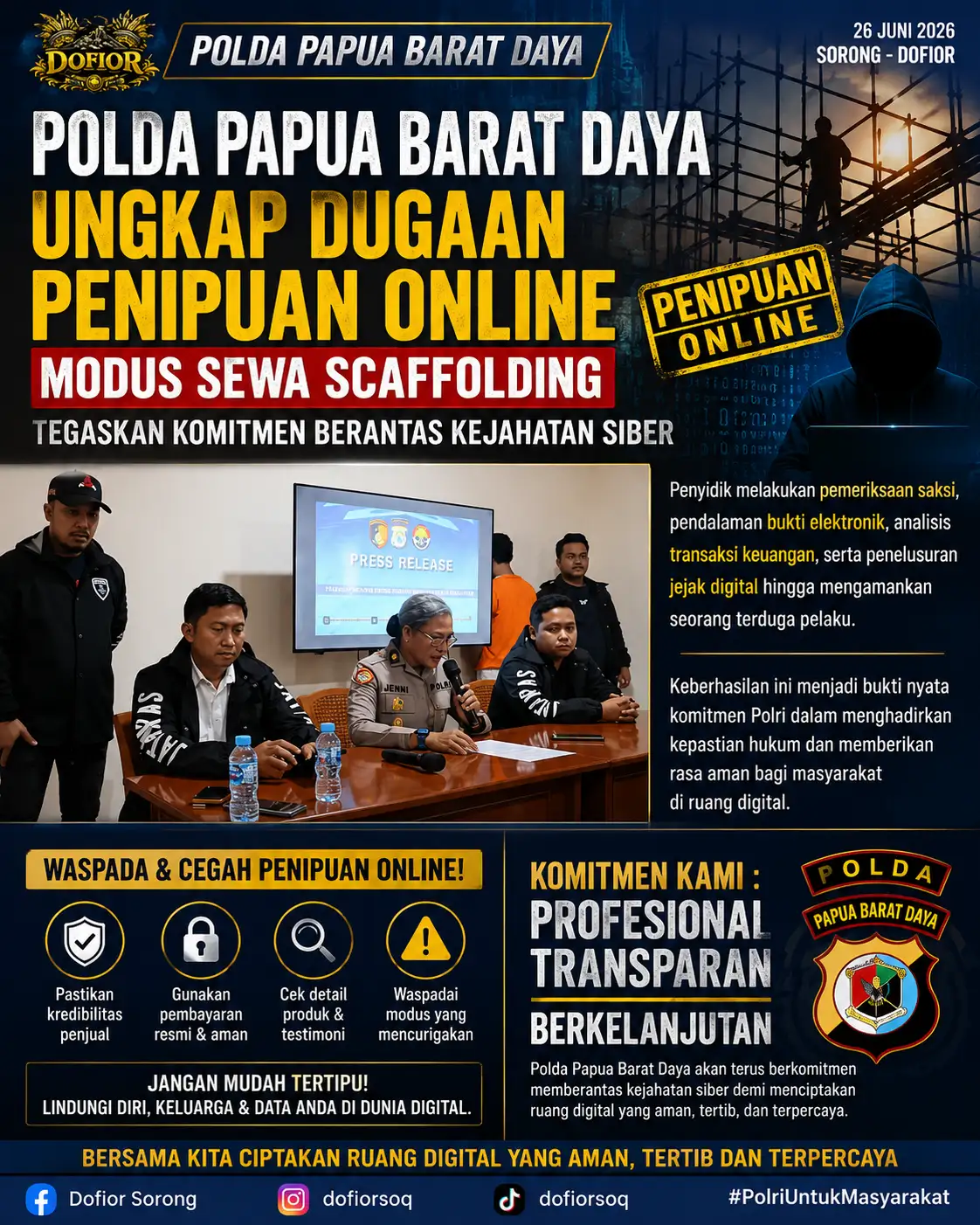 Polda Papua Barat Daya Ungkap Dugaan Penipuan Online Modus Sewa Scaffolding, Tegaskan Komitmen Berantas Kejahatan Siber