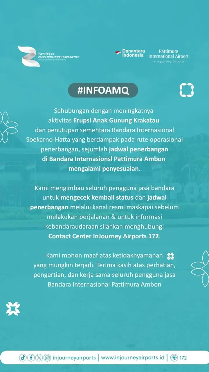 DAMPAK ERUPSI GUNUNG ANAK KRAKATAU, 8 PENERBANGAN RUTE JAKARTA DI BANDARA PATTIMURA DIBATALKAN
