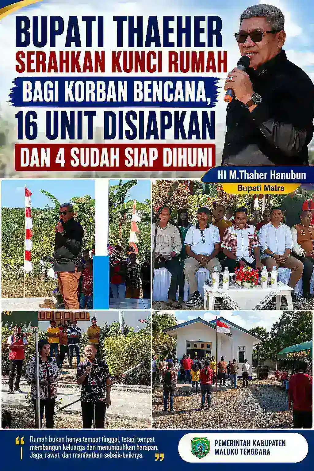 Bupati Thaher Serahkan Kunci Rumah bagi Korban Bencana, 16 Unit Disiapkan dan 4 Sudah Siap Dihuni