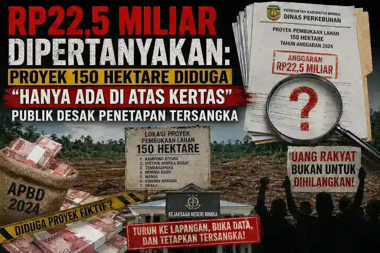 Rp22,5 MILIAR LENYAP DI BALIK PROYEK 150 HEKTAR?”  Publik Desak Kejari Mimika Segera Tangkap Kadis, PPK, PPTK dan Bendahara: Jangan Ada Sandiwara Pemberantasan Korupsi!