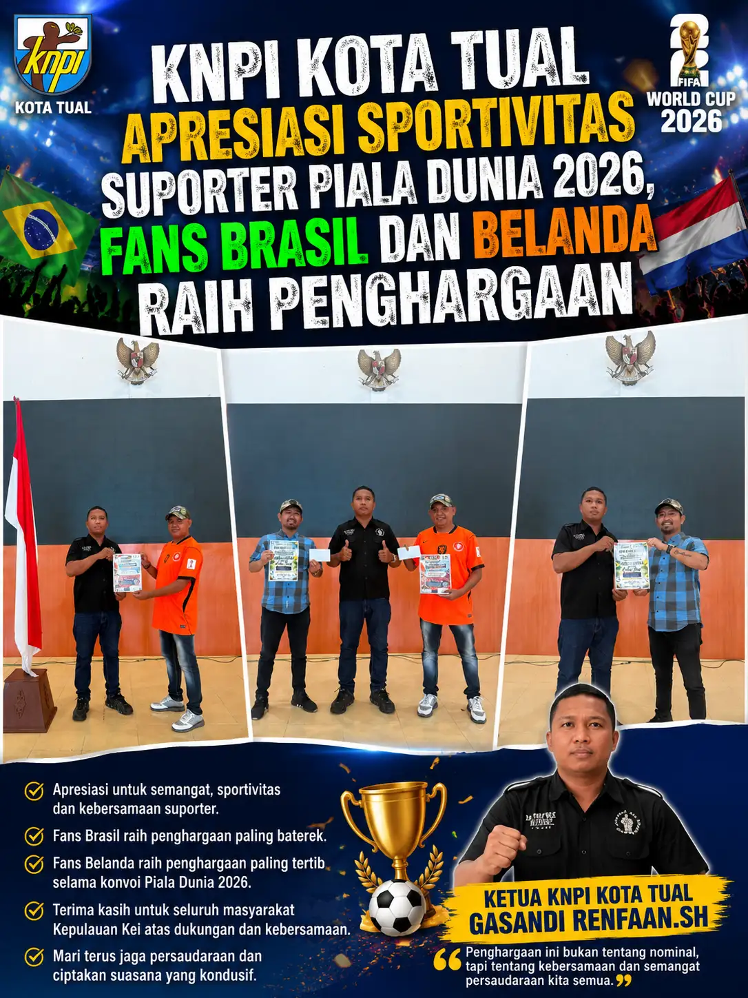 KNPI Kota Tual Apresiasi Sportivitas Suporter Piala Dunia 2026, Fans Brasil dan Belanda Raih Penghargaan