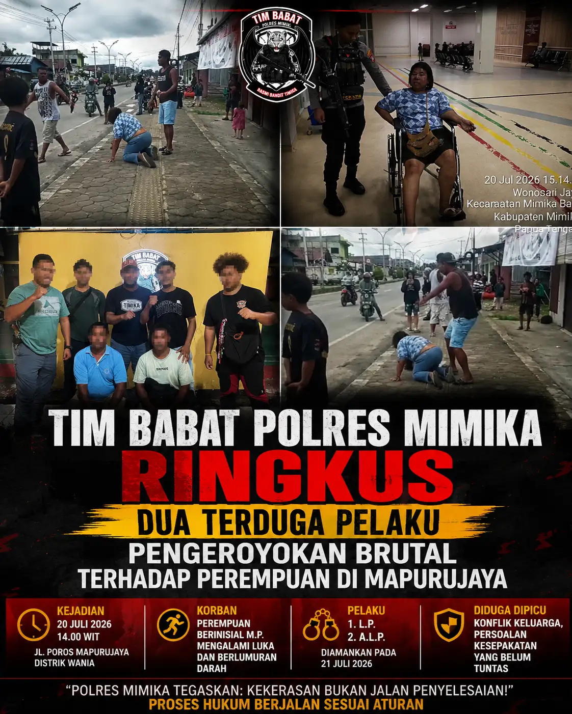Tim BABAT Polres Mimika Ringkus Dua Terduga Pelaku Pengeroyokan Brutal terhadap Perempuan di Mapurujaya