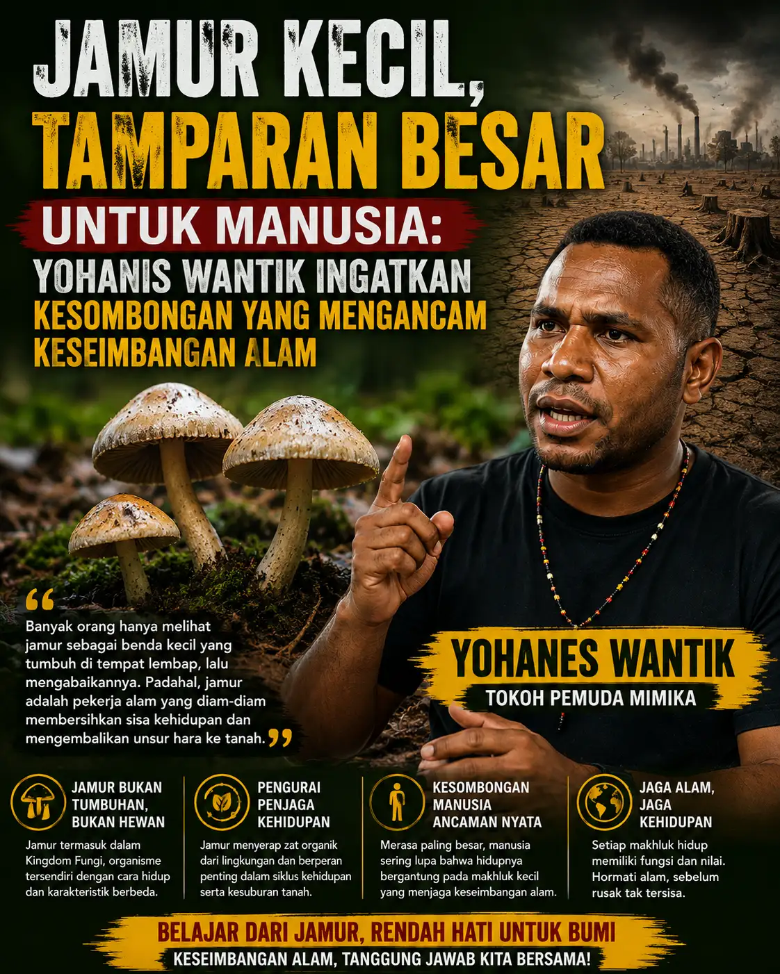 Jamur Kecil, Tamparan Besar untuk Manusia: Yohanis Wantik Ingatkan Kesombongan yang Mengancam Keseimbangan Alam”