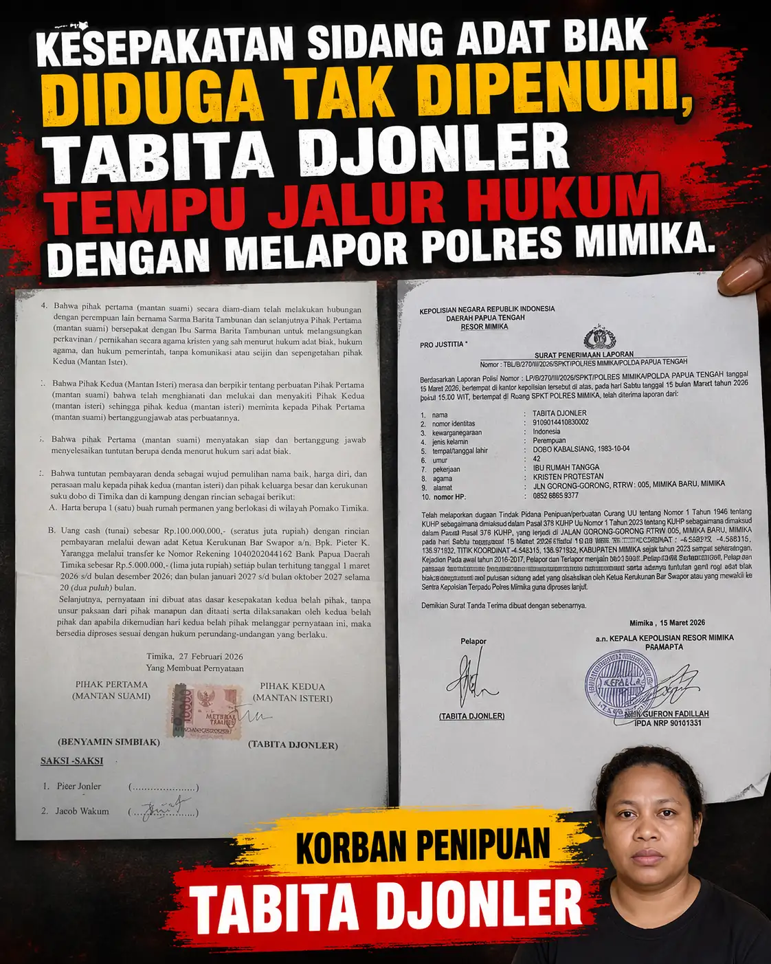 Kesepakatan Sidang Adat Biak Diduga Tak Dipenuhi, Tabita Djonler Tempuh Jalur Hukum dengan Melapor ke Polres Mimika