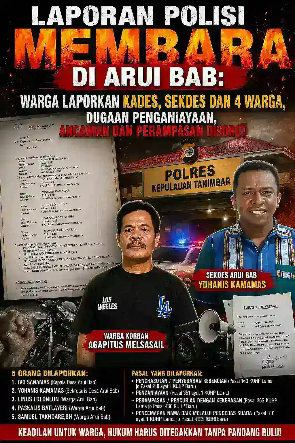 LAPORAN POLISI MEMBARA DI ARUI BAB: WARGA LAPORKAN KADES DAN 4 WARGA, DUGAAN PENGANIAYAAN, ANCAMAN DAN PERAMPASAN DISOROT