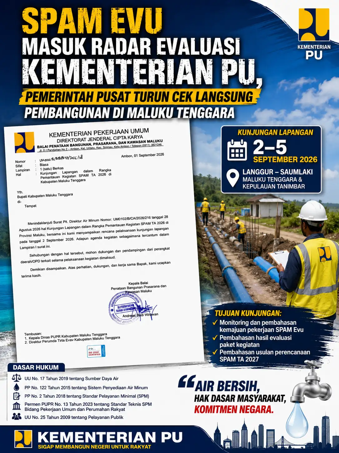 SPAM Evu Masuk Radar Evaluasi Kementerian PU, Pemerintah Pusat Turun Cek Langsung Pembangunan di Maluku Tenggara