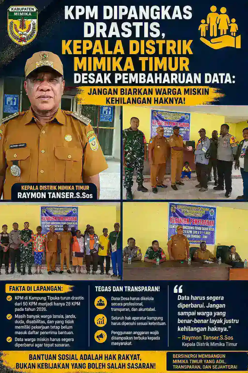 KPM Dipangkas Drastis, Kepala Distrik Mimika Timur Desak Pembaruan Data: Jangan Biarkan Warga Miskin Kehilangan Haknya