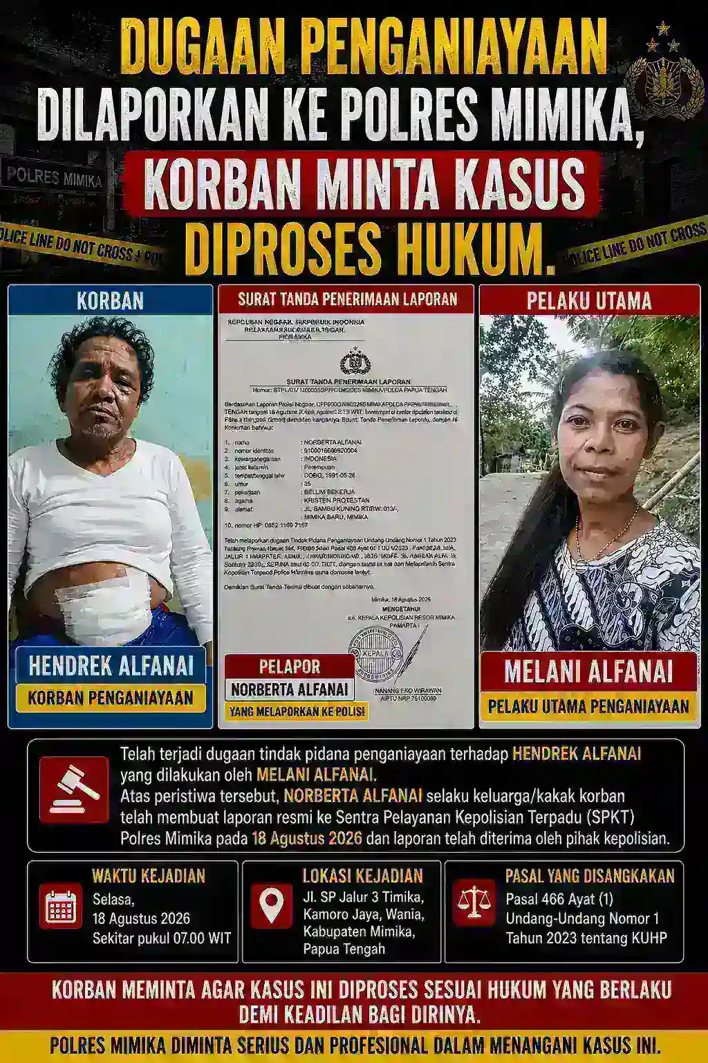 Dugaan Penganiayaan Dilaporkan ke Polres Mimika, Korban Minta Kasus Diproses Hukum