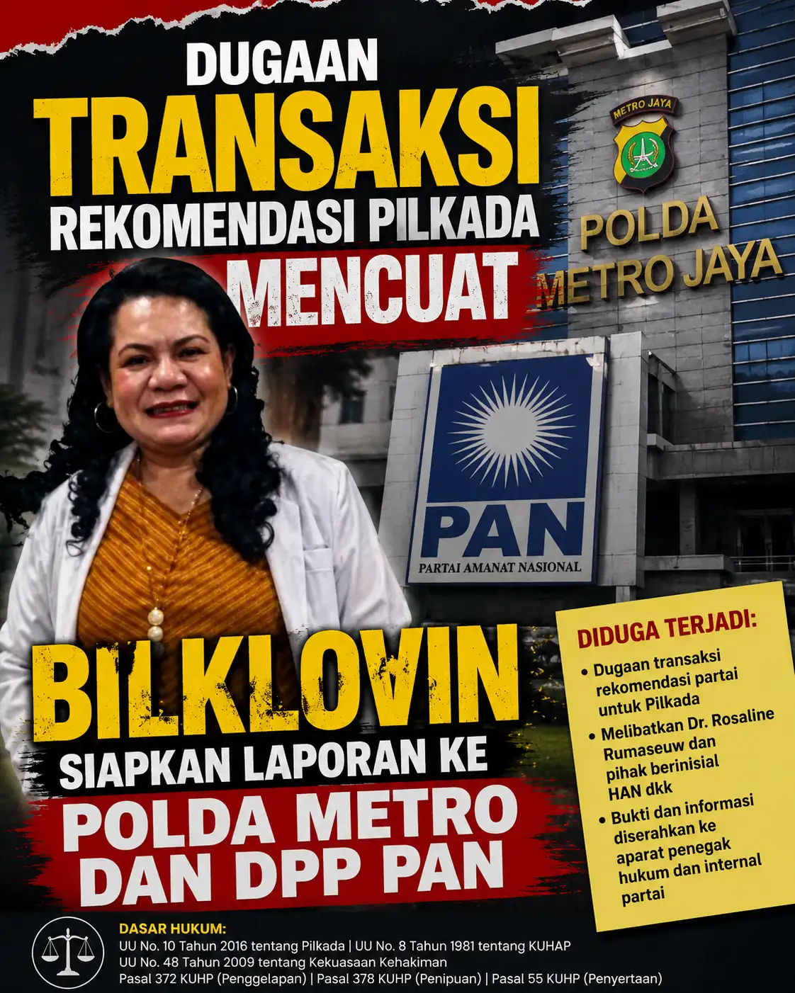 DUGAAN TRANSAKSI REKOMENDASI PILKADA MENCuat, BILKLOVIN SIAPKAN LAPORAN KE POLDA METRO DAN DPP PAN