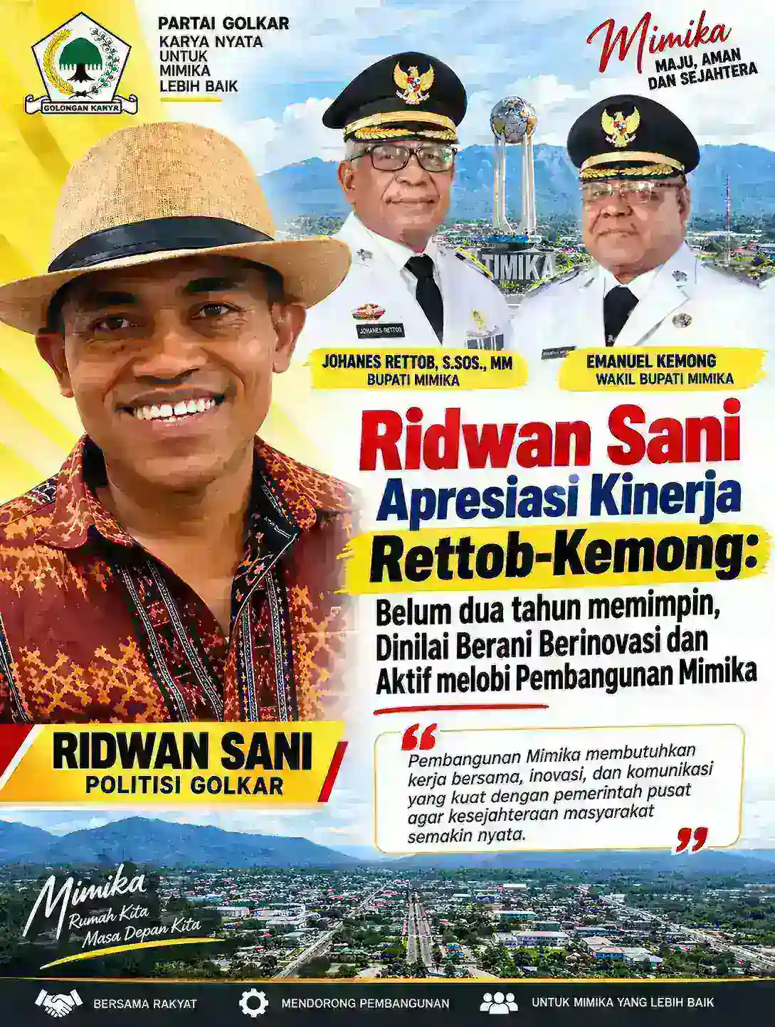 Ridwan Sani Apresiasi Kinerja Rettob-Kemong: Belum Dua Tahun Memimpin, Dinilai Berani Berinovasi dan Aktif Melobi Pembangunan Mimika