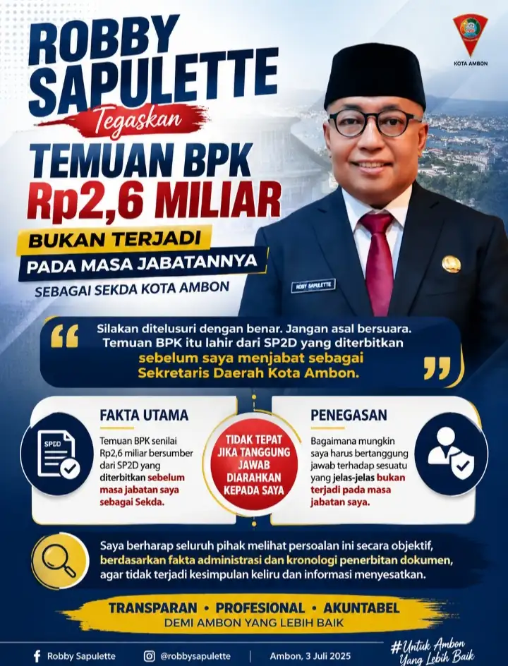 Robby Sapulette Tegaskan Temuan BPK Rp2,6 Miliar Bukan Terjadi pada Masa Jabatannya