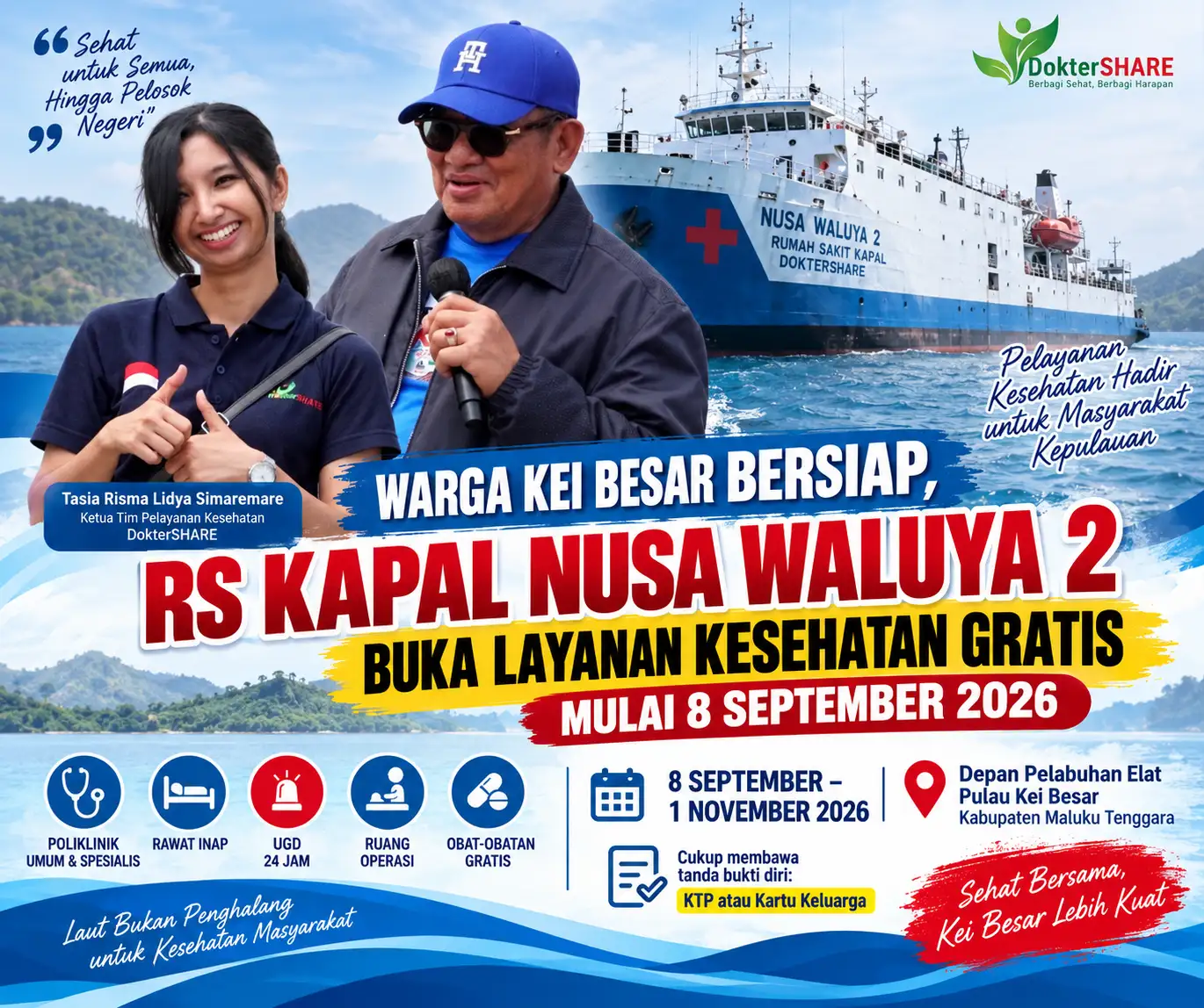 Warga Kei Besar Bersiap, RS Kapal Nusa Waluya 2 Buka Layanan Kesehatan Gratis Mulai 8 September  MALUKU TENGGARA — Tribunnusantara-web.id  — Kabar baik bagi masyarakat Kei Besar, Kabupaten Maluku Teng