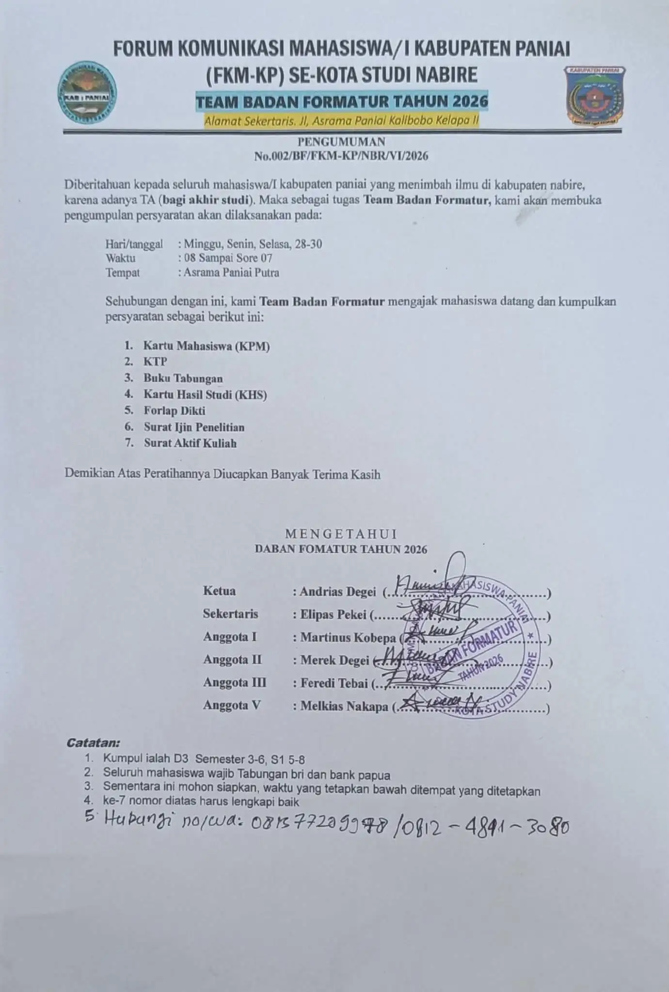 FKM-KP Nabire Buka Pendaftaran Beasiswa Tugas Akhir Bagi Mahasiswa Paniai