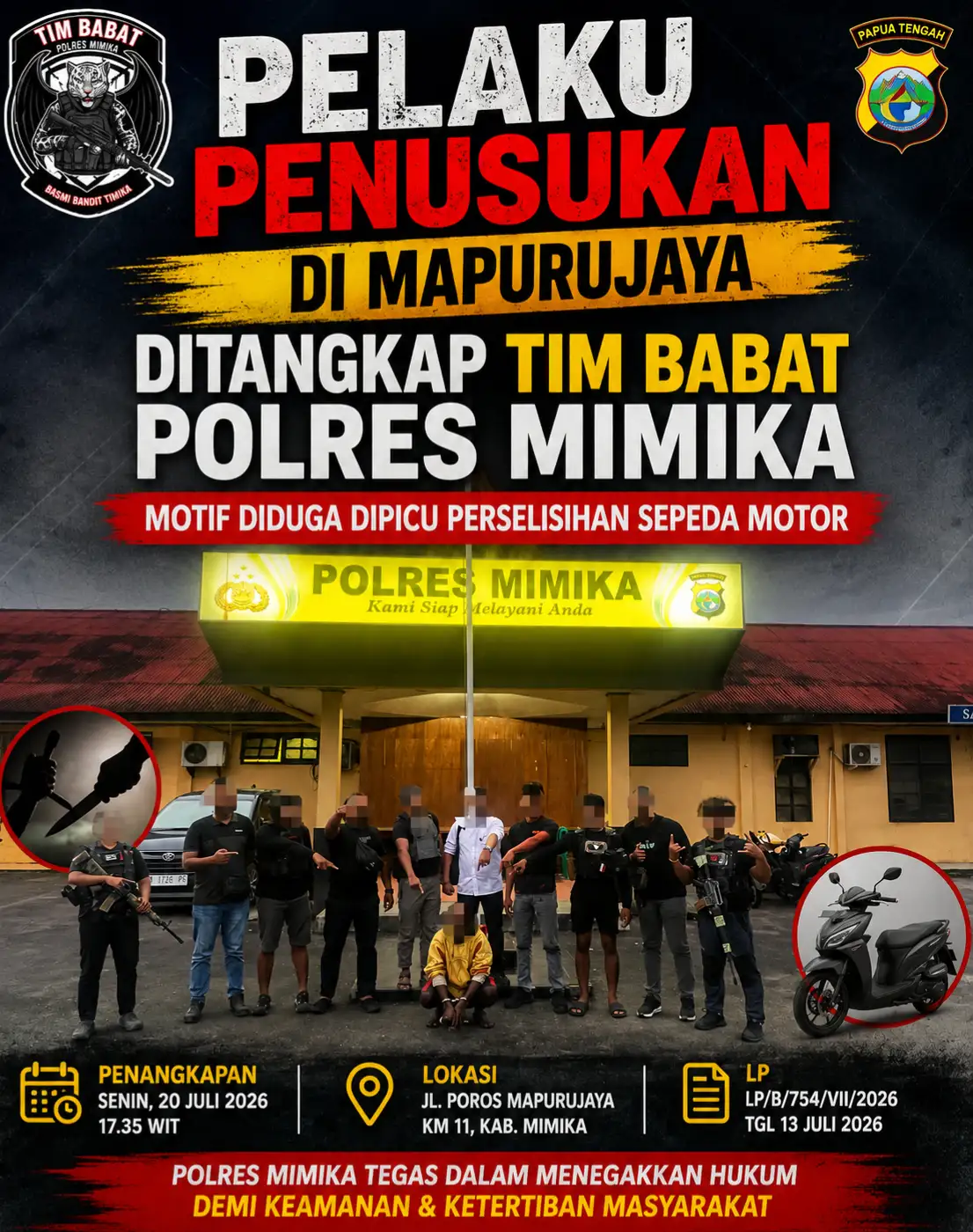 Pelaku Penusukan di Mapurujaya Ditangkap Tim BABAT Polres Mimika, Motif Diduga Dipicu Perselisihan Sepeda Motor