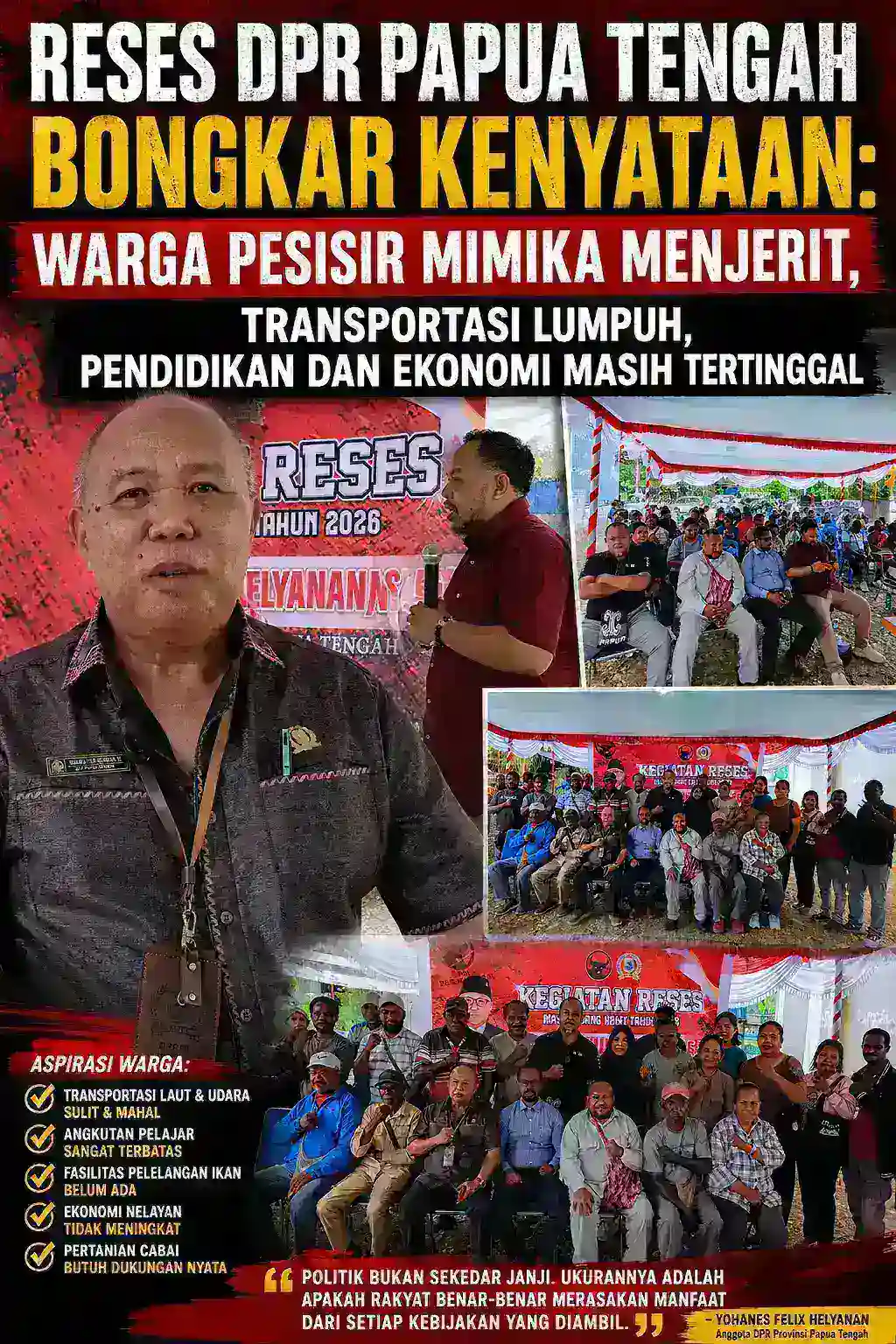 RESES DPR PAPUA TENGAH BONGKAR KENYATAAN: WARGA PESISIR MIMIKA MENJERIT, TRANSPORTASI LUMPUH, PENDIDIKAN DAN EKONOMI MASIH TERTINGGAL