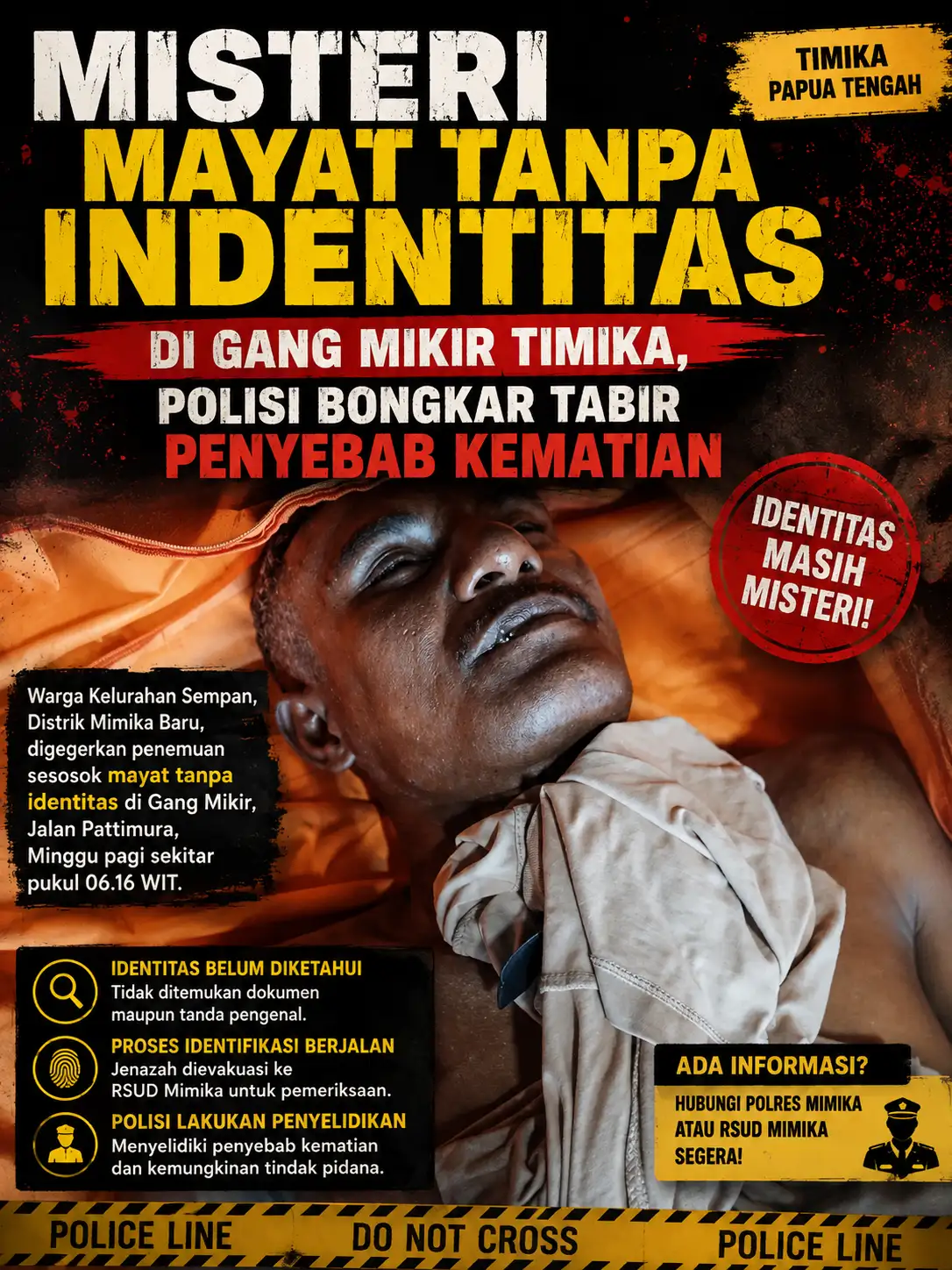 MISTERI MAYAT TANPA IDENTITAS DI GANG MUJUR TIMIKA, POLISI BONGKAR TABIR PENYEBAB KEMATIAN
