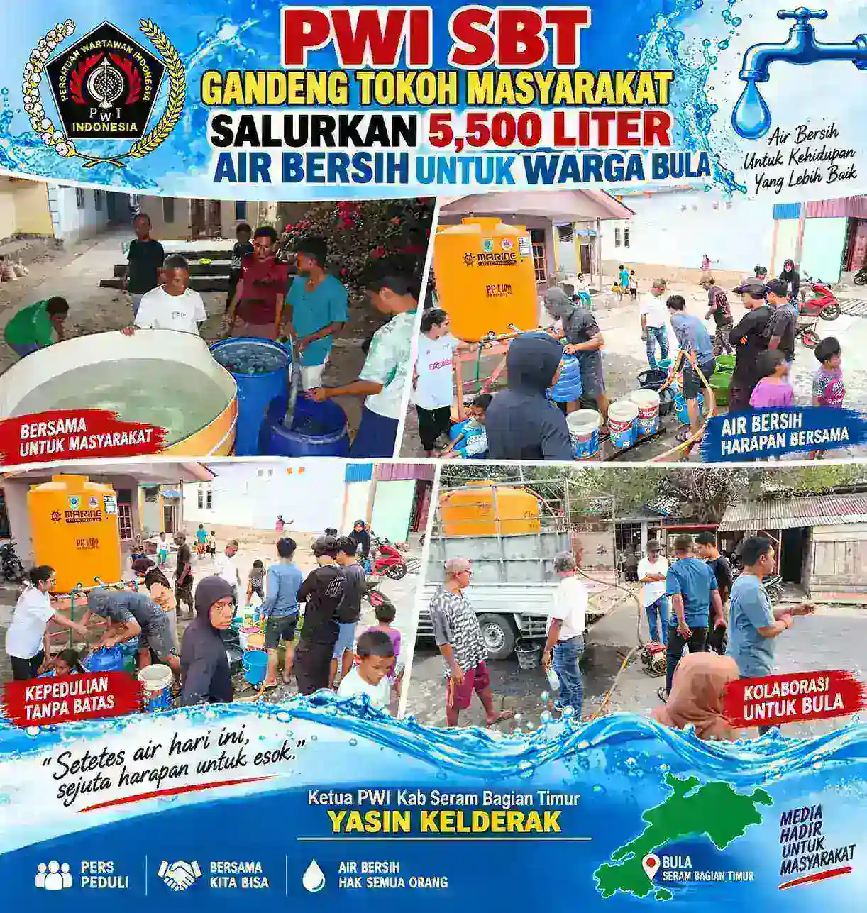PWI SBT Gandeng Tokoh Masyarakat Salurkan 5.500 Liter Air Bersih untuk Warga Bula