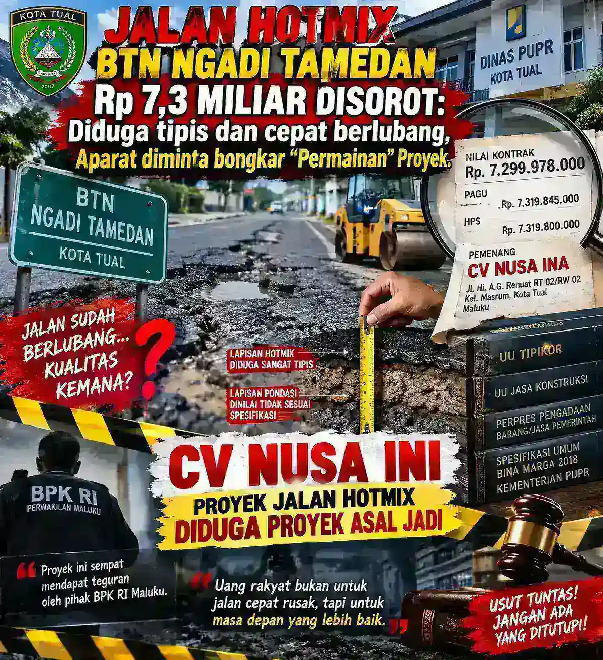 Jalan Hotmix BTN Ngadi Tamedan Rp7,3 Miliar Disorot: Diduga Tipis dan Cepat Berlubang, Aparat Diminta Bongkar “Permainan” Proyek