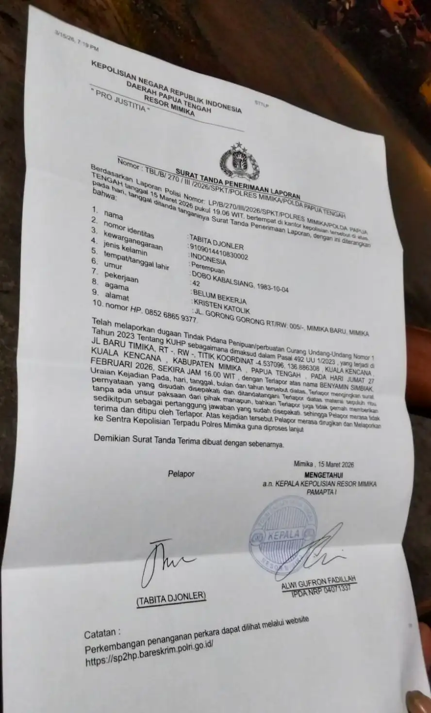Diterima,Dicacat,Lalu Didiamkan.? Korban Dugaan Penipuan Bongkar Kekecewaan Terhadap Penanganan Kasus di Mimika.