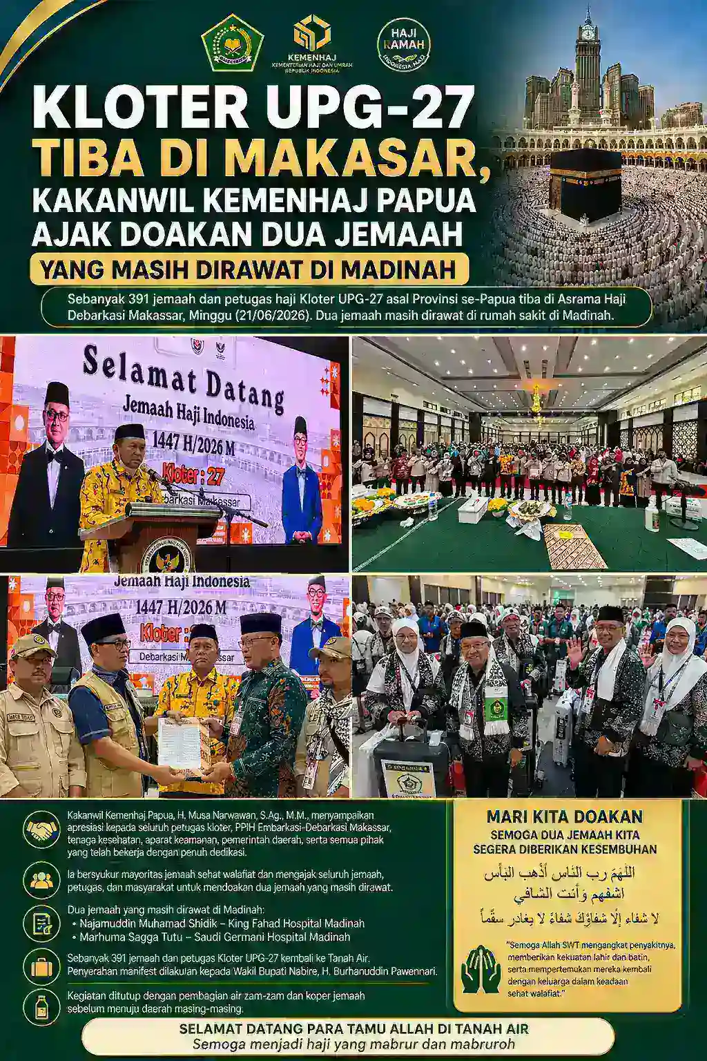 Kloter UPG-27 Tiba di Makassar, Kakanwil Kemenhaj Papua Ajak Doakan Dua Jemaah yang Masih Dirawat di Madinah