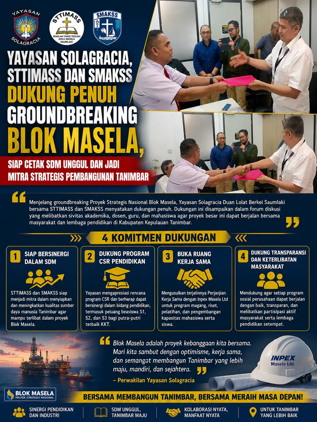 Yayasan Solagracia, STTIMASS dan SMAKSS Dukung Penuh Groundbreaking Blok Masela, Siap Cetak SDM Unggul dan Jadi Mitra Strategis Pembangunan Tanimbar