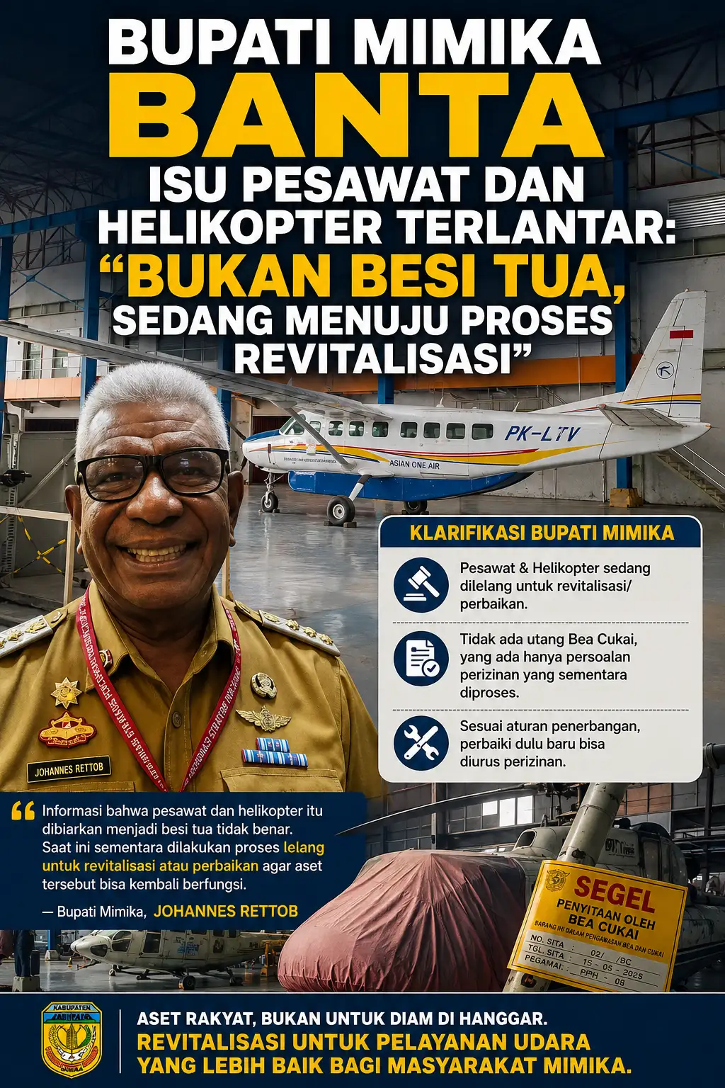 Bupati Mimika Bantah Isu Pesawat dan Helikopter Terlantar: “Bukan Besi Tua, Sedang Menuju Proses Revitalisasi”