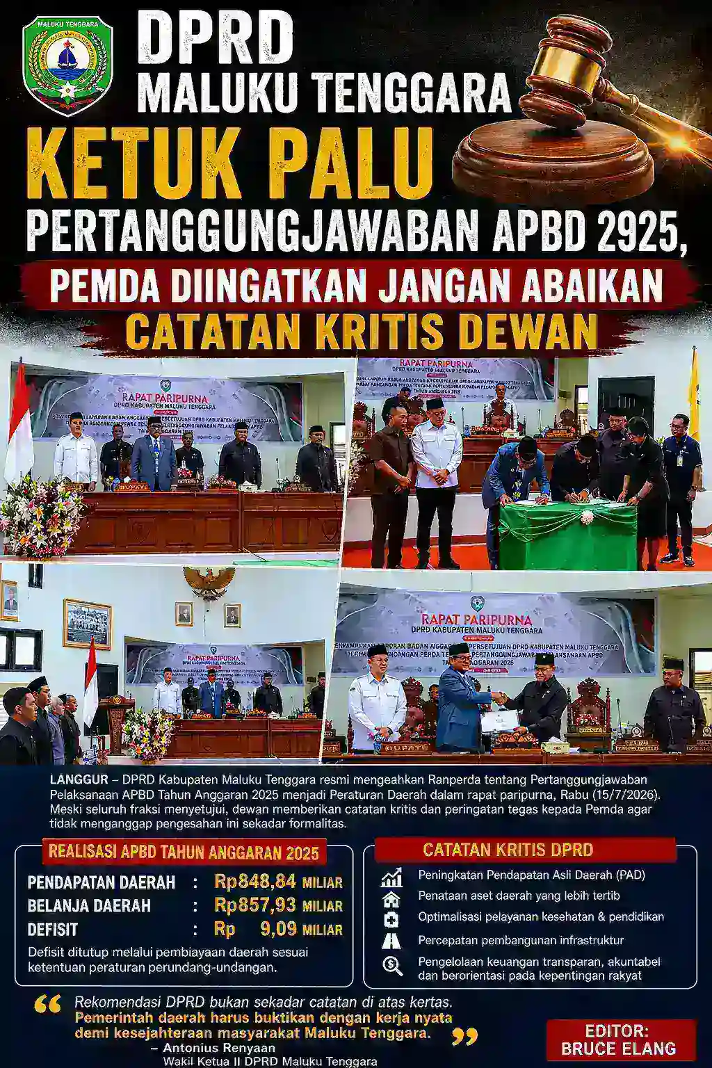 DPRD Maluku Tenggara Ketuk Palu Pertanggungjawaban APBD 2025, Pemda Diingatkan Jangan Abaikan Catatan Kritis Dewan