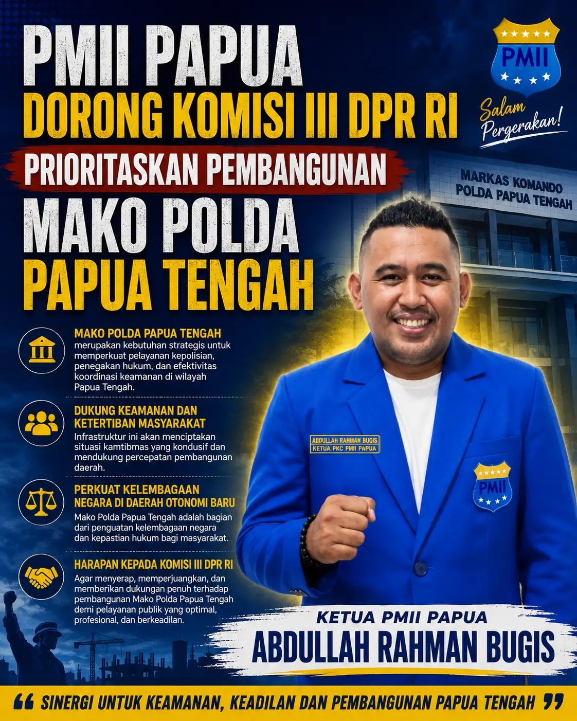 PMII Papua Dorong Komisi III DPR RI Prioritaskan Pembangunan Mako Polda Papua Tengah