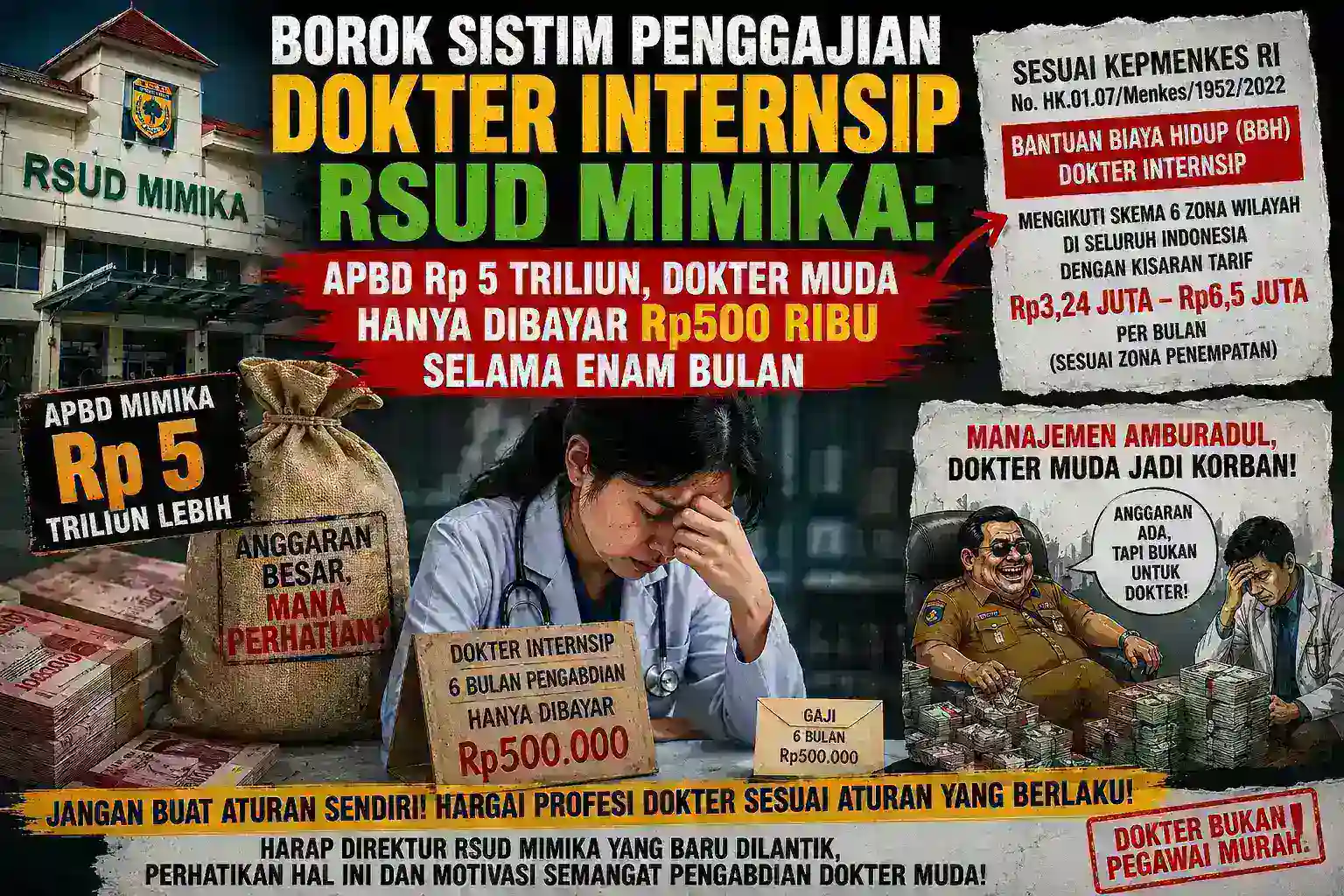 BOROK SISTEM PENGGAJIAN DOKTER INTERNSIP RSUD MIMIKA: APBD Rp5 Triliun, Dokter Muda Hanya Dibayar Rp500 Ribu Selama Enam Bulan