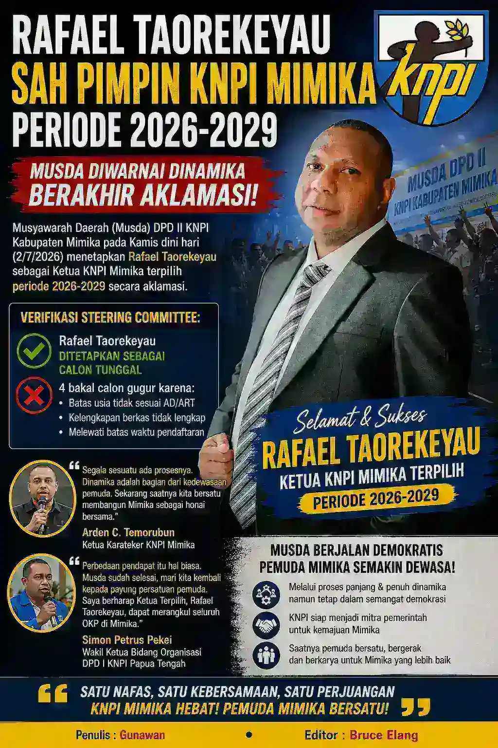 Rafael Taorekeyau Sah Pimpin KNPI Mimika Periode 2026–2029, Musda Diwarnai Dinamika Berakhir Aklamasi