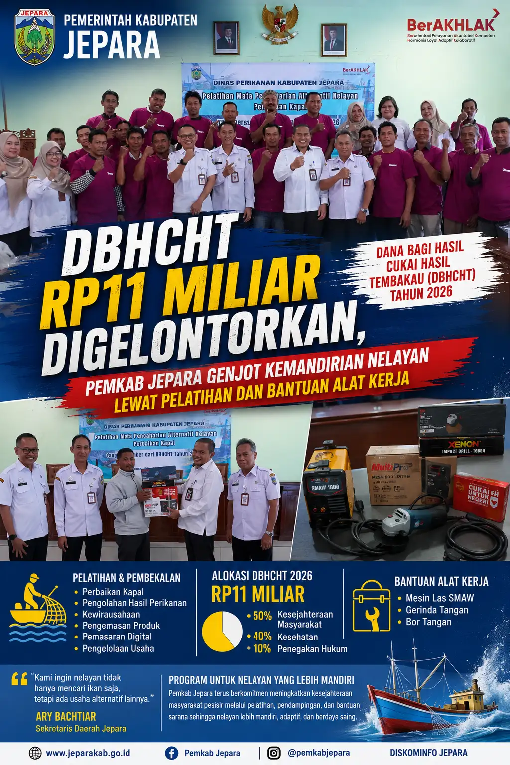 DBHCHT Rp11 Miliar Digelontorkan, Pemkab Jepara Genjot Kemandirian Nelayan Lewat Pelatihan dan Bantuan Alat Kerja
