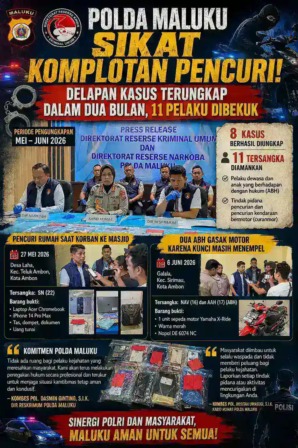 Polda Maluku Sikat Komplotan Pencuri, Delapan Kasus Terungkap dalam Dua Bulan, 11 Pelaku Dibekuk