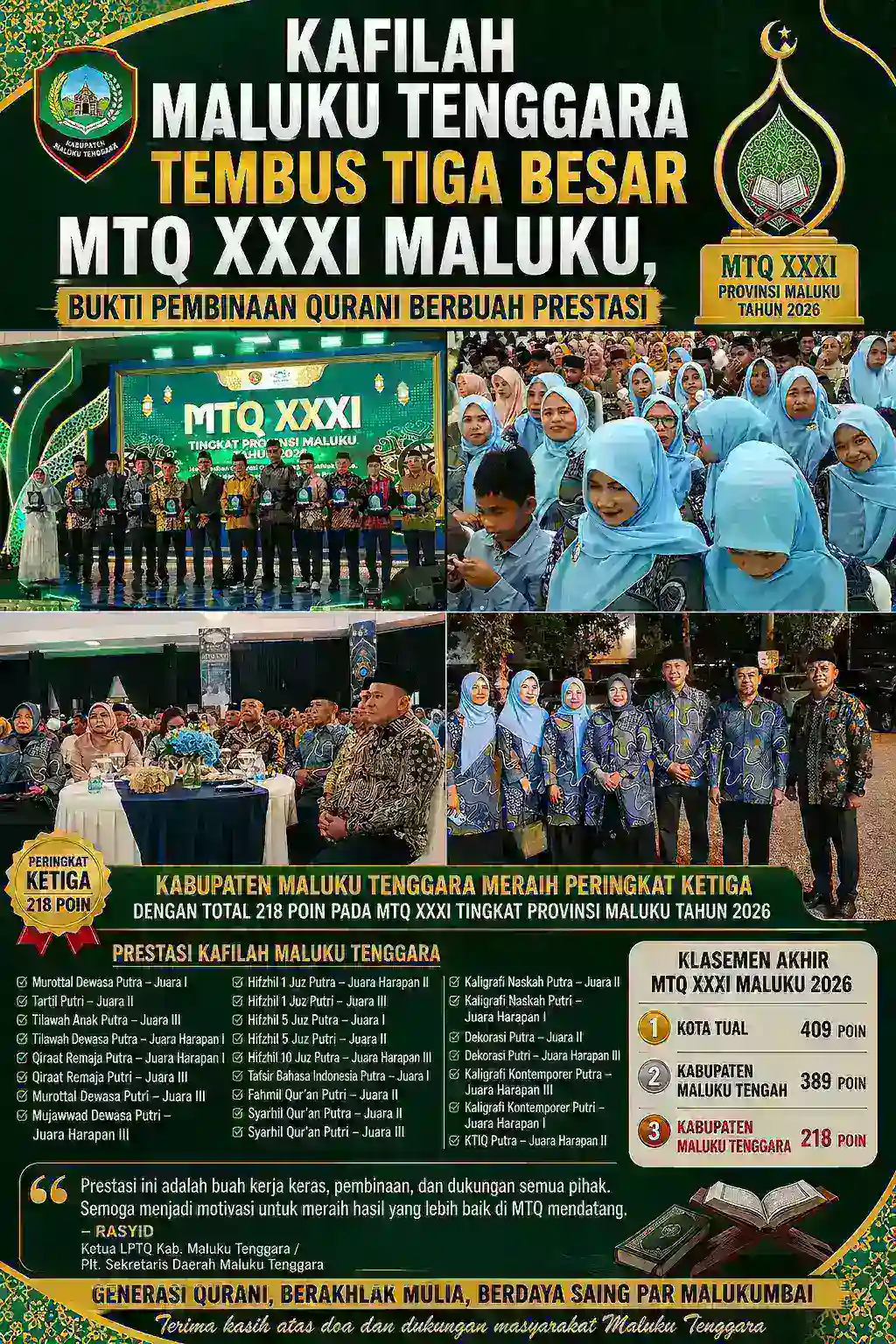 Kafilah Maluku Tenggara Tembus Tiga Besar MTQ XXXI Maluku, Bukti Pembinaan Qurani Berbuah Prestasi