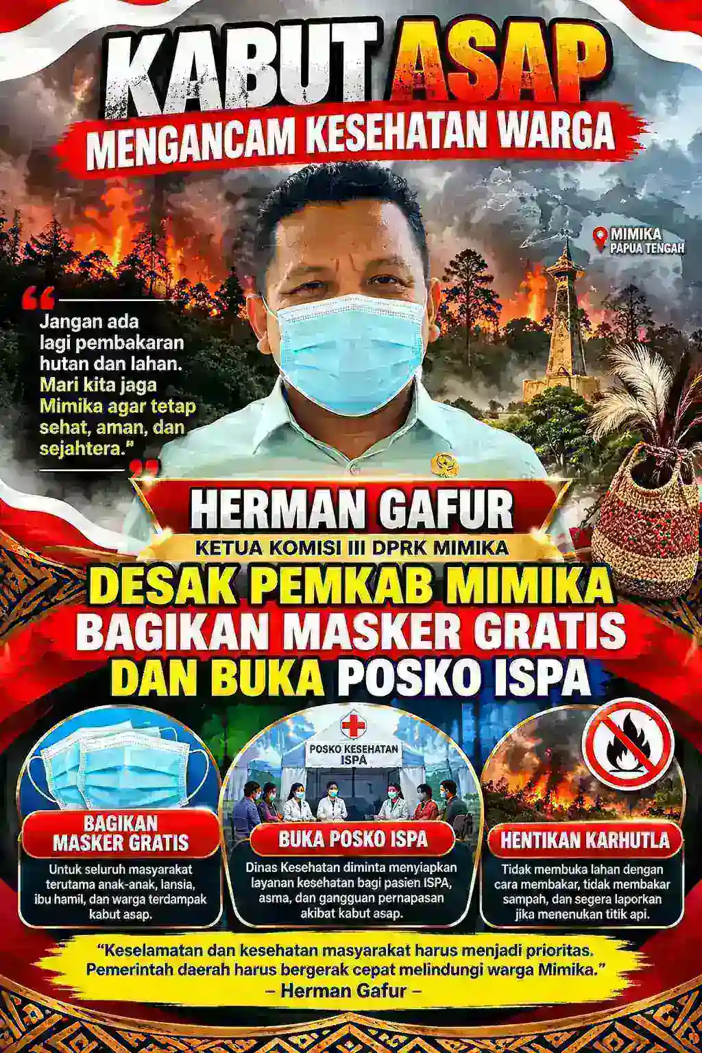KABUT ASAP MENGANCAM KESEHATAN WARGA, HERMAN GAFUR DESAK PEMKAB MIMIKA BAGIKAN MASKER GRATIS DAN BUKA POSKO ISPA